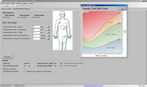 Screenshot from the body assessment software, visualising the harpenden body caliper measurements.