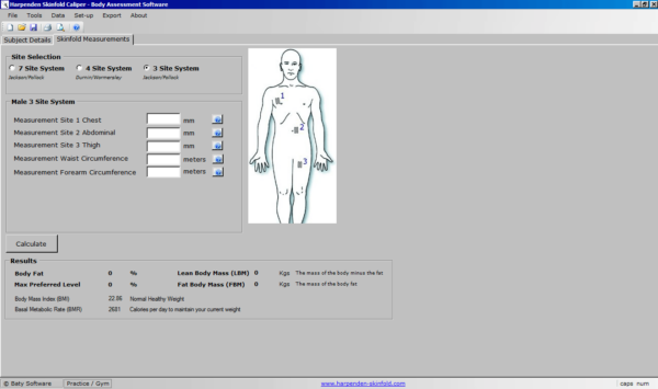 Screenshot from the body assessment software, visualising the harpenden body caliper measurements before the values are entered to the system.