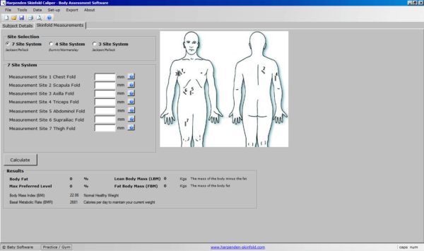 Screenshot from the body assessment software, visualising the harpenden body caliper measurements which need to be entered before calculation.