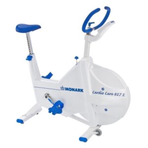 White Cardio Care rehab bike with blue details manufactured by Monark.