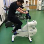 Man trying out the Monark rehab bike at the physiotherapy gym at the Royal Blackburn Hospital.