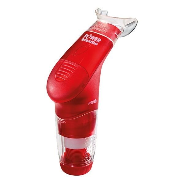 POWERbreathe plus IMT device with red mouth piece used in breathing training.